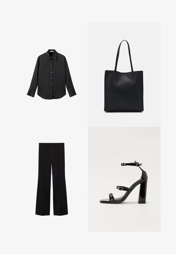 Cămașă neagră cu mâneci lungi dintr-un material neted, având un guler clasic, închidere frontală cu butoane aurii și manșete late.; Pantaloni negri cu talie înaltă, cu picioare largi și detalii cu cusături frontale, confecționați dintr-un material neted.; Sandale cu toc din patent negru, cu vârf pătrat, curele la gleznă și catarame din argint. Dispune de un toc gros pentru stabilitate.; Geantă tote neagră din piele, cu textură netedă, formă rectangulară și două mânere lungi. Fără hardware vizibil sau ornamente.