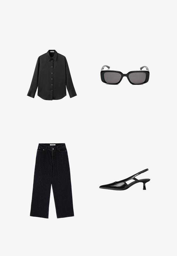 Črna majica z dolgimi rokavi iz gladkega materiala, z klasičnim ovratnikom, sprednjim zapiranjem na gumbe z zlatimi gumbi in širokimi manšetami.; Črne široke jeans hlače iz denima, z visokim pasom, sprednjimi žepi in razpršenimi kovinskimi nastavki na tkanini.; Črne patentični usnjeni salonarji s slingback designom, z zašiljenim nosom, izrezanim stranskim dizajnom in majhnim kvadratnim peto. Gladka tekstura z minimalnimi detajli.; Črne pravokotne sončne očala z temnimi lečami, gladkim plastičnim okvirjem in ukrivljenimi nogicami. Oblika je robustna in minimalistična.