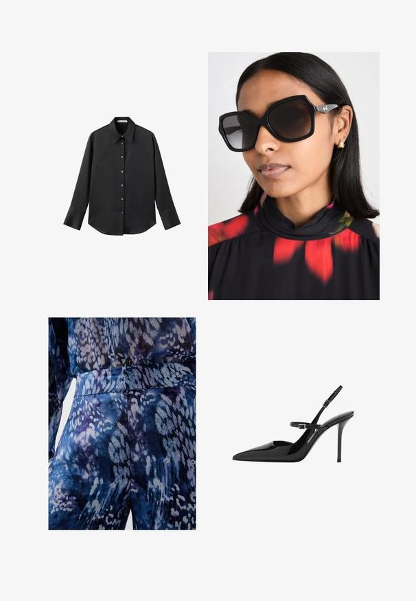 Czarna koszula z długim rękawem z gładkiego materiału, z klasycznym kołnierzykiem, zapięciem na guziki z przodu w złotym odcieniu oraz szerokimi mankietami.; Niebiesko-fioletowa tkanina w wzory o gładkiej fakturze, z abstrakcyjnymi kształtami i dopasowanym pasem. Zbliżenie na szczegóły odzieży.; Czarne lakierowane szpilki slingback z ostrym noskiem, regulowanym paskiem i obcasem w kształcie stiletto. Gładka powierzchnia o błyszczącym wykończeniu.; Czarne, duże okulary przeciwsłoneczne o geometrycznej oprawie, ciemne soczewki i złote akcenty, noszone z topem w kwiatowy wzór i wysokim kołnierzem.
