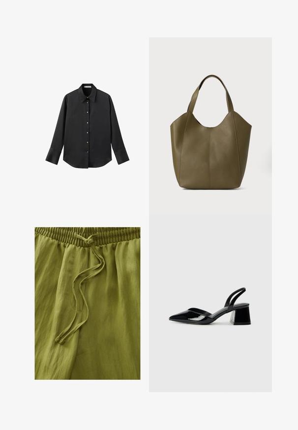 Black long-sleeve shirt in smooth fabric, featuring a classic collar, front button closure with gold-tone buttons, and wide cuffs.; Olive green pants made from lightweight fabric. Features an elastic waistband and drawstring. Smooth texture with soft draping.; Black patent leather slingback heels with a pointed toe and a geometric block heel. Features a sleek, minimal design and smooth texture.; Olive green leather tote bag with dual straps, smooth texture, and four panel design. Reinforced stitching along seams for durability.