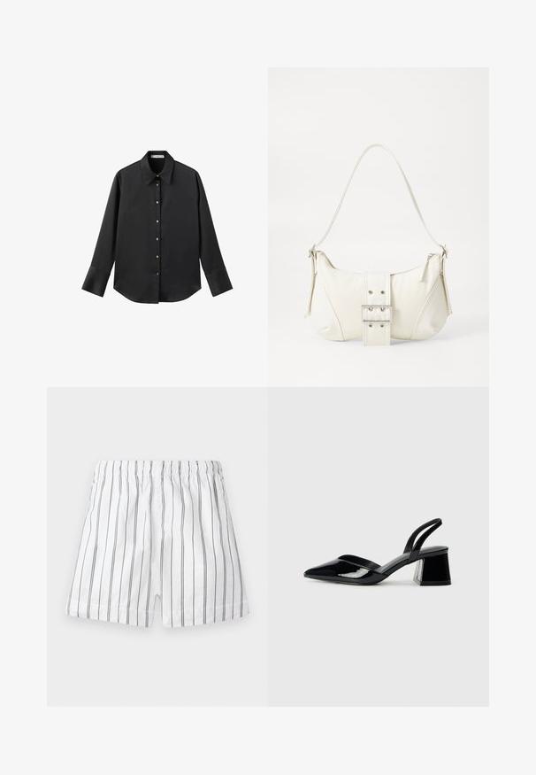 Cămașă neagră cu mâneci lungi dintr-un material neted, având un guler clasic, închidere frontală cu butoane aurii și manșete late.; Pantaloni scurți albi cu dungi verticale subțiri gri, talie elastică și o potrivire confortabilă. Fabricat dintr-un material ușor pentru o respirabilitate optimă.; Pantofi cu toc slingback din piele lacuită neagră, cu vârf ascuțit și toc geometric. Prezintă un design elegant, minimalist și o textură netedă.; Geantă albă de umăr cu un finisaj texturat, un accent cu cataramă centrală și o formă curbată. Încărcătoare cu fermoar pe ambele laturi.