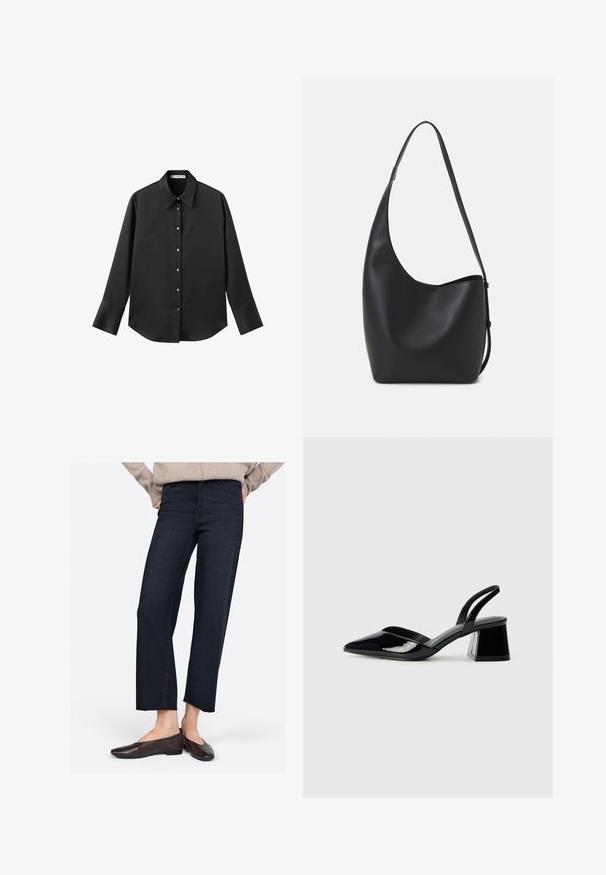 Maglietta nera a maniche lunghe in tessuto morbido, con colletto classico, chiusura frontale con bottoni dorati e polsini ampi.; Jeans cropped blu scuro con vestibilità dritta e orlo sfilacciato, abbinati a scarpe basse marroni. Realizzati in tessuto di denim, con una texture liscia.; Décolleté in vernice nera con punta affusolata e tacco in geometria cubica. Presentano un design elegante e minimalista, con una texture liscia.; Borsa hobo nera in pelle con una superficie liscia, forma curvata e una singola tracolla regolabile; presenta un'ampia apertura nella parte superiore.