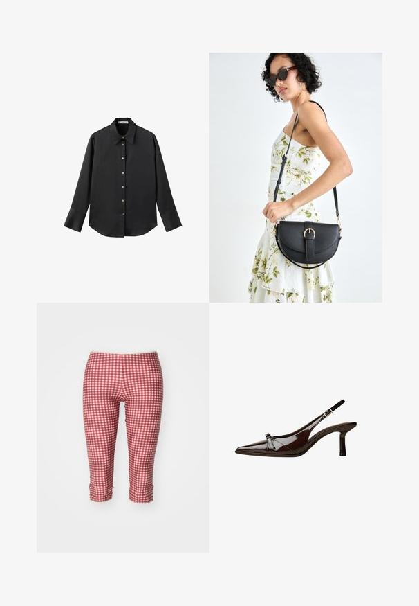 Črna majica z dolgimi rokavi iz gladkega materiala, z klasičnim ovratnikom, sprednjim zapiranjem na gumbe z zlatimi gumbi in širokimi manšetami.; Jaded London BEACH CAPRI TROUSERS - Pajkice – hlače - red gingham; Rjave lakirane slingback čevlje z oglatim nosom, nizko peto in dekorativno pentljo na sprednji strani. Gladka, sijoča tekstura.; Črna usnjena torbica s ukrivljeno obliko, z odstranljivo naramnico in zlatimi dodatki. Torbica ima pokrov s podrobnostmi v obliki zaponke.