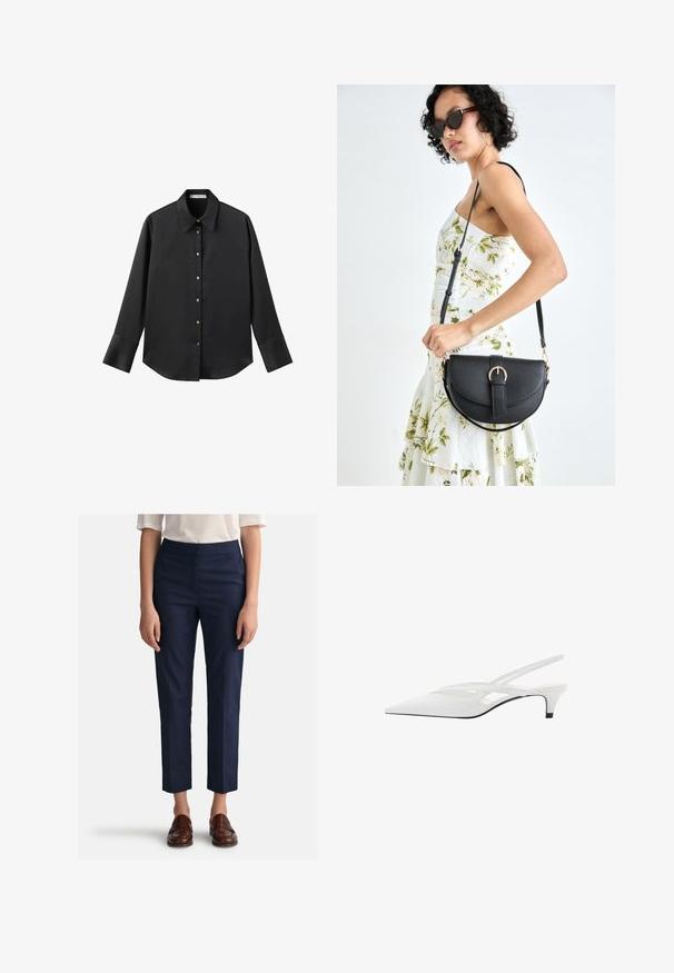 Cămașă neagră cu mâneci lungi dintr-un material neted, având un guler clasic, închidere frontală cu butoane aurii și manșete late.; Pantaloni navy cu croială dreaptă, realizați dintr-un material neted, cu un față plată și buzunare laterale. Asortați cu mocasini maronii.; Sandale albe cu toc slingback și vârf ascuțit, având un upper neted, decupaje subtile și un toc bloc mic. Talpa neagră accentuează designul.; Geantă din piele neagră, cu o formă curbată, curea detașabilă și accesorii aurii. Geanta are un capac cu un detaliu tip cataramă.