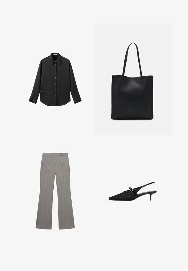 Sort langærmet skjorte i glat stof, med klassisk krave, frontlukning med guldtonede knapper og brede manchetter.; Grå udsvingende bukser med en tekstureret stof, der har en flad front, bæltestropper og pressede folder langs benene for et skræddersyet udseende.; Sorte slingback hæle med spidse tæer, tekstureret mesh-overdel, slank justerbar rem med sølvspænde og 5 cm stilettohæle.; Sort læder tote taske med glat tekstur, rektangulær form og to lange hanke. Ingen synlig hardware eller udsmykninger.