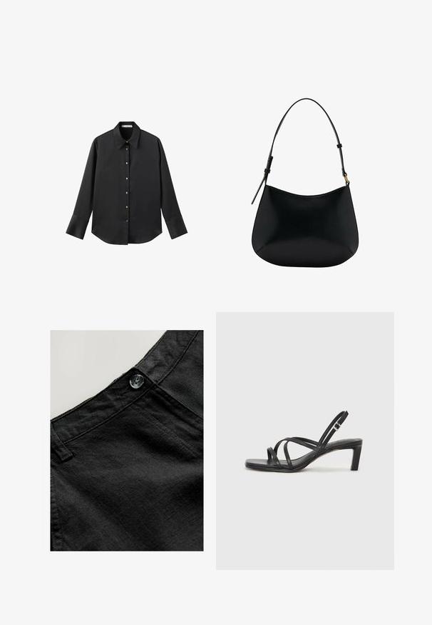 Černá dlouhá rukávová košile z hladkého materiálu, s klasickým límečkem, předním zapínáním na knoflíky ve zlatém tónu a širokými manžetami.; Černé lněné kalhoty s hladkým povrchem, s kulatým knoflíkem a prošívanými detaily na pase a kapsách.; Černé sandály na tenkém podpatku se čtveratou špičkou a nízkým blokovým podpatkem. Mají několik tenkých popruhů a nastavitelné zapínání okolo kotníku. Vyrobeny z hladké kůže.; Černá kožená taška přes rameno s hladkým povrchem, zakřiveným tvarem a nastavitelným uchem. Má minimální prošívání a jednoduchý design.