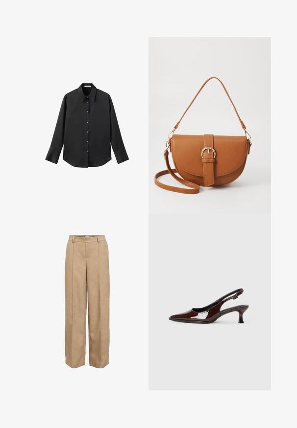 Černá dlouhá rukávová košile z hladkého materiálu, s klasickým límečkem, předním zapínáním na knoflíky ve zlatém tónu a širokými manžetami.; Béžové široké kalhoty vyrobené z texturované tkaniny. Mají elastický pas a dva přední záhyby pro lepší styl.; Hnědé lakované kožené slingback boty s špičatou špičkou a mírným podpatkem. Disponují přezkou pro bezpečné upevnění. Hladký povrch.; Hnědá kožená křížová taška s zakřiveným tvarem, zlatými detaily a akcentem s přezkou. Obsahuje odnímatelný popruh na rameno.
