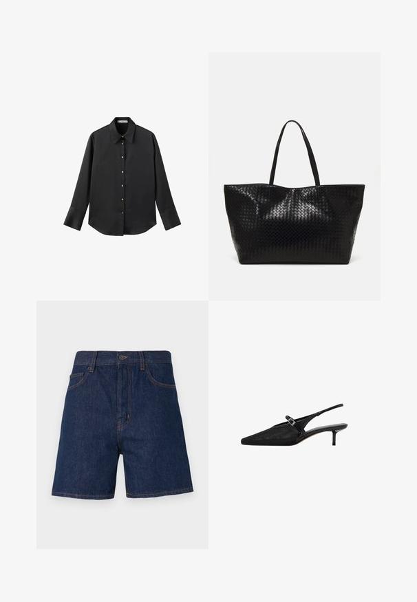 Black long-sleeve shirt in smooth fabric, featuring a classic collar, front button closure with gold-tone buttons, and wide cuffs.; Dark blue denim shorts featuring a classic five-pocket design, visible orange stitching, and a button closure at the waistband.; Black slingback heels with pointed toes, textured mesh upper, slim adjustable strap with silver buckle, and 5 cm stiletto heels.; Black woven tote bag with two sturdy handles, featuring a glossy texture and a spacious open top design.