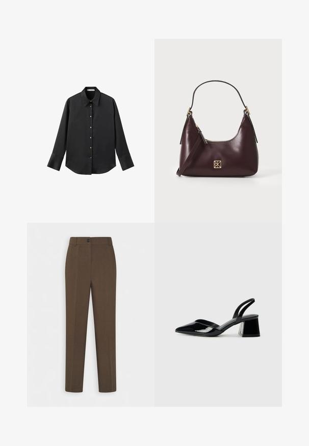 Chemise noire à manches longues en tissu lisse, dotée d'un col classique, d'une fermeture à boutons sur le devant avec des boutons dorés, et de larges poignets.; Pantalons marron à jambes droites avec passants de ceinture et fermeture à un bouton à l'avant, présentés sur fond blanc.; Escarpins en cuir verni noir avec bout pointu et talon bloc géométrique. Présente un design élégant et minimaliste ainsi qu'une texture lisse.; Sac à main en cuir bordeaux avec une forme incurvée, accents dorés sur la quincaillerie et une fermeture éclair. Dispose d'une bandoulière amovible.