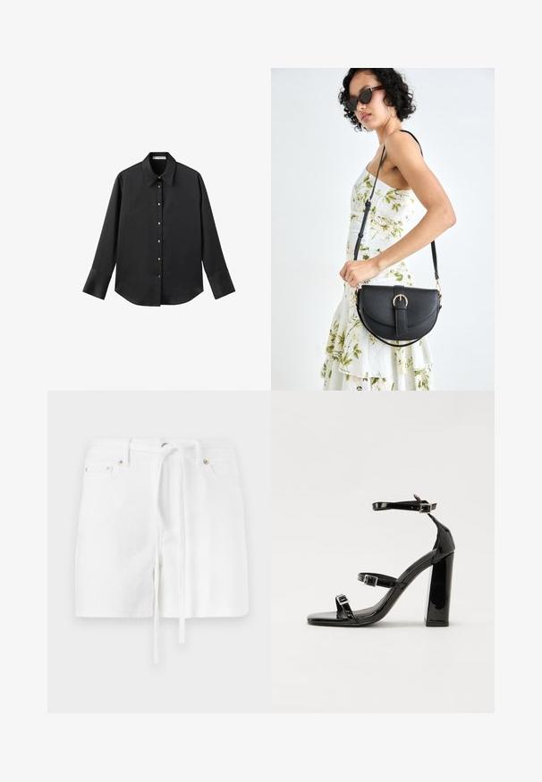 Čierna dlhá rukávová košeľa z hladkého materiálu, s klasickým golierom, predným zapínaním na gombíky so zlatými gombíkmi a širokými manžetami.; Biele denimové šortky s elastickým pásom, ktoré majú dve predné vrecká a hladký povrch. Dizajn je jednoduchý a klasický, bez vzorov.; Čierne lakované sandále na podpätku so štvorcovou špičkou, navlečenými remienkami okolo členku a striebornými prackami. Disponujú masívnym blokovým podpätkom pre stabilitu.; Čierna kožená kabelka s zaobleným tvarom, odnímateľným popruhom a zlatými doplnkami. Kabelka má klopu s detailom s prackou.