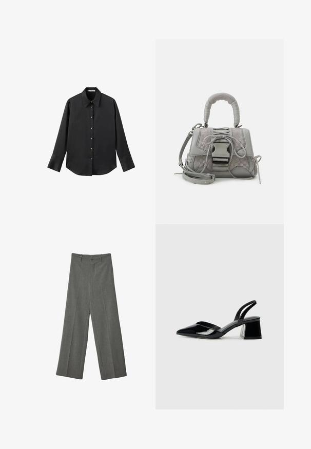 Črna majica z dolgimi rokavi iz gladkega materiala, z klasičnim ovratnikom, sprednjim zapiranjem na gumbe z zlatimi gumbi in širokimi manšetami.; Sive široke hlače iz teksturirane tkanine, ki imajo sprednji pregib in dva žepa, ter en sam gumb za zapiranje spredaj.; Črne lakirane slingback pete s koničastim nosom in geometrijsko blokasto peto. Imajo eleganten, minimalističen dizajn in gladko teksturo.; Siva torbica z teksturo z oblazinjenim ročajem, mrežastimi detajli, nastavljivim trakom in sprednjim zapiranjem. Kompaktna zasnova z zaobljeno obliko.