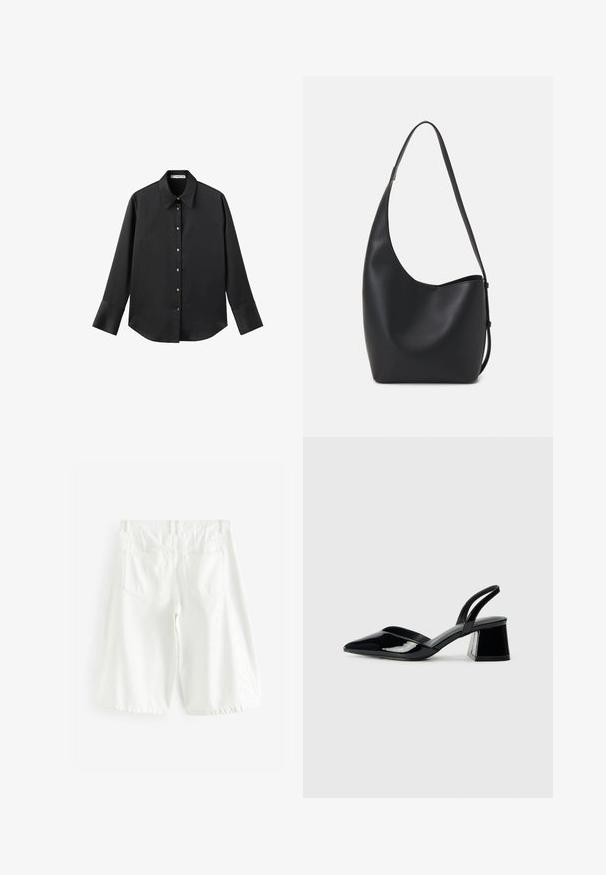 Black long-sleeve shirt in smooth fabric, featuring a classic collar, front button closure with gold-tone buttons, and wide cuffs.; White cotton denim shorts with a straight cut, featuring two back pockets, belt loops, and a hem that falls just above the knee.; Black patent leather slingback heels with a pointed toe and a geometric block heel. Features a sleek, minimal design and smooth texture.; Black leather hobo bag with a smooth texture, curved shape, and single adjustable strap; features a wide opening at the top.