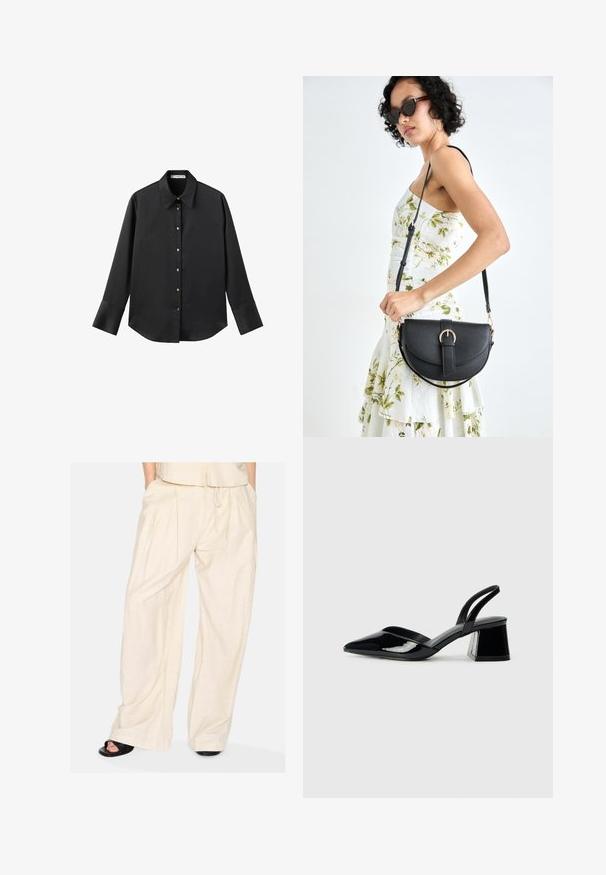 Zwarte lange mouwen shirt van gladde stof, met een klassieke kraag, een sluiting met knopen aan de voorkant met gouden knopen en brede manchetten.; Wijdvallende broeken van een lichtbeige stof met een zachte textuur, met plooien en een verstelbare koordsluiting in de taille. Minimalistisch ontwerp.; Zwarte gepatineerde leren slingback hakken met een spitse neus en een geometrische blokhak. Kenmerkt zich door een slank, minimalistisch ontwerp en een gladde textuur.; Zwarte leren handtas met een gebogen vorm, afneembare schouderband en gouden hardware. De tas heeft een klep met een gespsluiting.