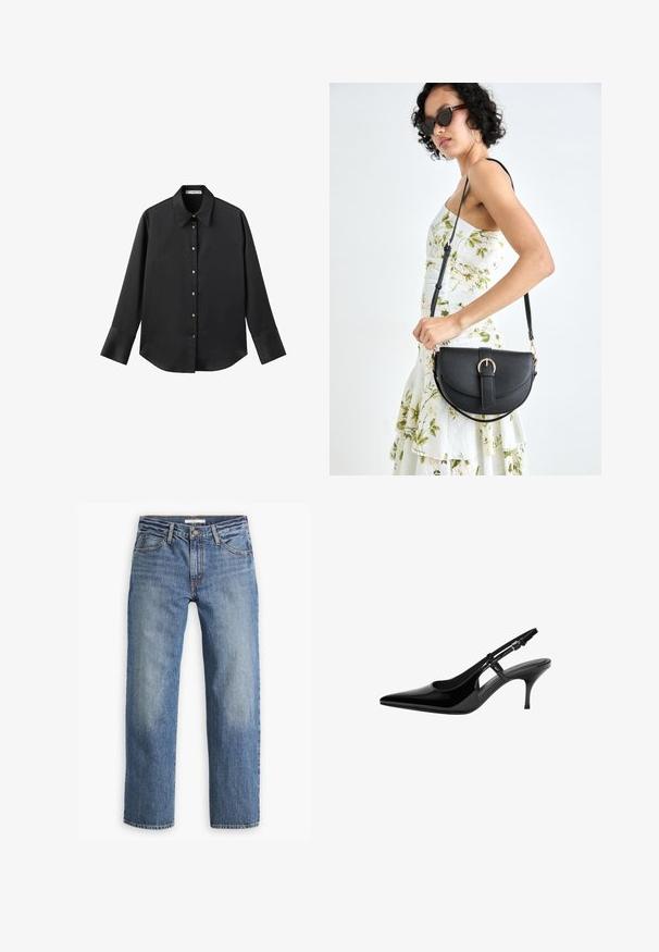 Černá dlouhá rukávová košile z hladkého materiálu, s klasickým límečkem, předním zapínáním na knoflíky ve zlatém tónu a širokými manžetami.; Světle modré džíny z denimu, rovný střih, střední pas, pět kapes, tónová nit a knoflíkový zip.; Černé lakované kožené lodičky typu slingback s špičatou špičkou, otevřenými bočními výřezy, štíhlým podpatkem a nastavitelným páskem kolem kotníku.; Černá kožená kabelka s křivkovým tvarem, odnímatelným popruhem a zlatými detaily. Kabelka má klopu s přezkou.