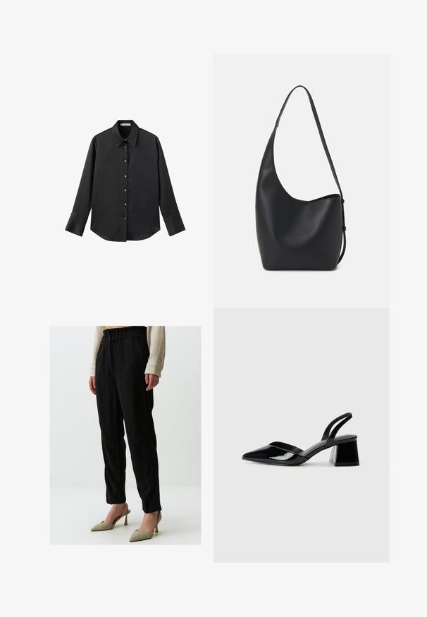 Zwarte lange mouwen shirt van gladde stof, met een klassieke kraag, een sluiting met knopen aan de voorkant met gouden knopen en brede manchetten.; Zwarte, loszittende broeken met een bijeen geraapt, elastisch middel, gecombineerd met metallic, spitse hakken. Gladde textuur met een subtiele glans.; Zwarte gepatineerde leren slingback hakken met een spitse neus en een geometrische blokhak. Kenmerkt zich door een slank, minimalistisch ontwerp en een gladde textuur.; Zwarte leren hobo tas met een gladde textuur, kromme vorm en een enkele verstelbare schouderband; heeft een brede opening aan de bovenkant.