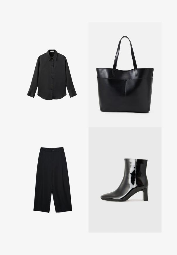 Schwarz langärmliges Hemd aus glattem Stoff, mit klassischem Kragen, frontaler Knopfleiste mit goldfarbenen Knöpfen und breiten Manschetten.; Schwarze weit geschnittene Hosen aus glattem Stoff, die mit einem vorderen Knopfverschluss, Falten und seitlichen Taschen für zusätzlichen Nutzen ausgestattet sind.; Schwarzer Lackleder-Stiefelette mit spitzer Zehe und einem mittelhohen Blockabsatz. Glatte Textur und minimalistisches Design.; Schwarze Leder-Shopper-Tasche mit zwei langen Griffen, einer glatten Textur und einer strukturierten Form. Verfügt über eine Vordertasche für zusätzlichen Stauraum.