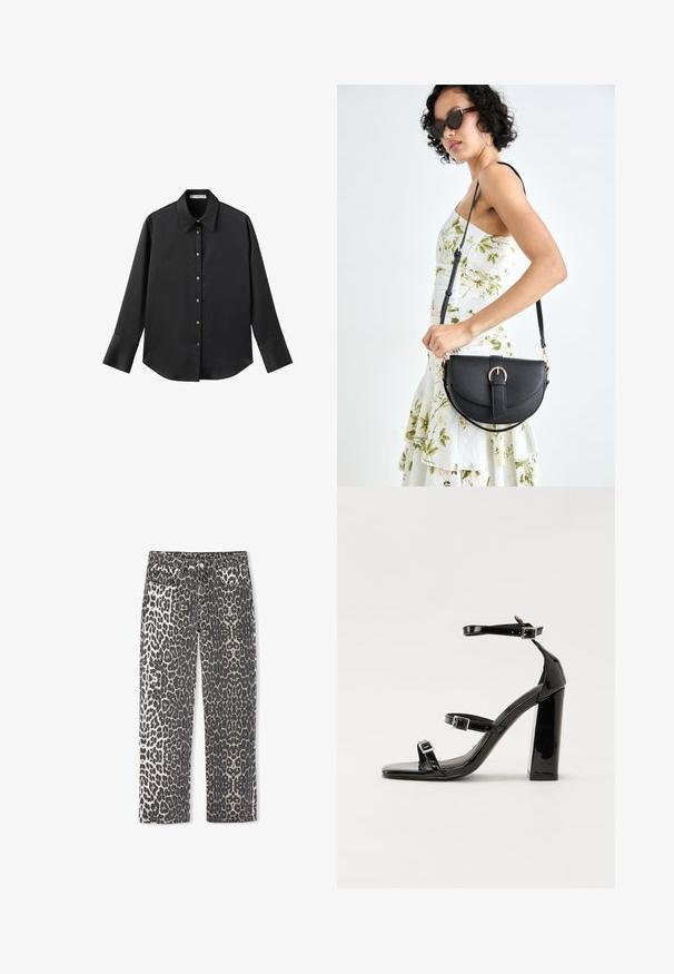 Maglietta nera a maniche lunghe in tessuto morbido, con colletto classico, chiusura frontale con bottoni dorati e polsini ampi.; Ipekyol LEOPARD - Jeans a sigaretta - stone; Sandali con tacco in vernice nera, con punta squadrata, cinturini alla caviglia e fibbie in argento. Presentano un tacco a blocco spesso per maggiore stabilità.; Borsa a tracolla nera in pelle con una forma curva, manico rimovibile e accessori dorati. La borsa presenta una patta con un dettaglio a fibbia.