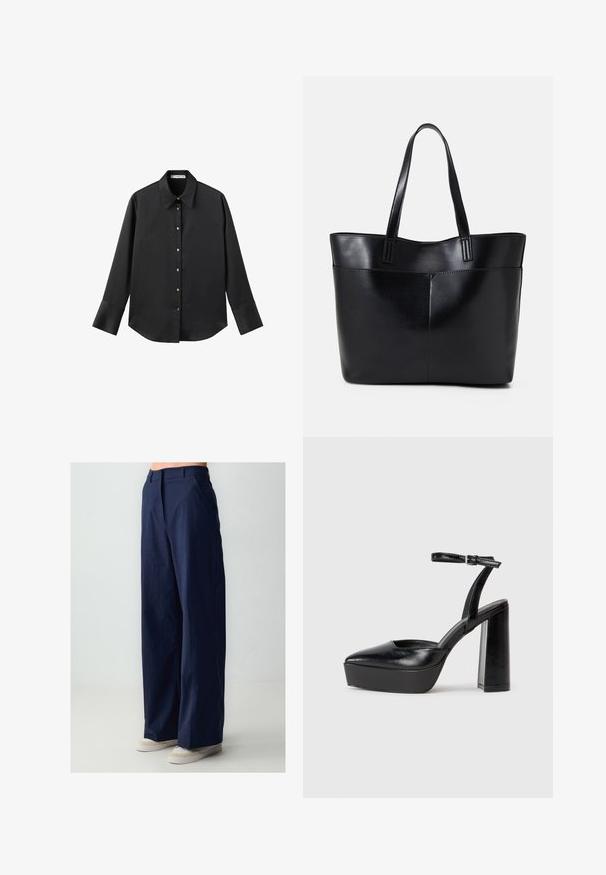 Zwarte lange mouwen shirt van gladde stof, met een klassieke kraag, een sluiting met knopen aan de voorkant met gouden knopen en brede manchetten.; Marineblauwe wijde broek van lichtgewicht stof. Voorzien van zijzakken en een gladde textuur, gecombineerd met lichtgekleurde schoenen.; Zwarte plateauhakken met een puntige neus en verstelbare enkelband. Gemaakt van soepel leer, met een robuuste blokhak.; Zwarte leren tote bag met twee lange handvatten, een zachte textuur en een gestructureerde vorm. Voorzien van een voorvak voor extra opslagruimte.