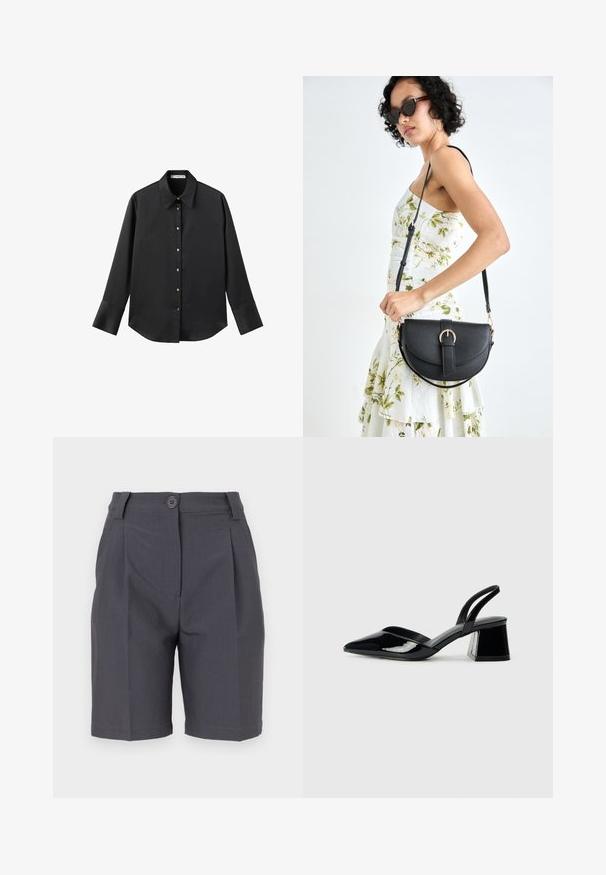 Maglietta nera a maniche lunghe in tessuto morbido, con colletto classico, chiusura frontale con bottoni dorati e polsini ampi.; Pantaloni corti grigi su misura con pieghe, chiusura con bottone e tasche laterali. Realizzati in un tessuto morbido e leggero con una vestibilità strutturata.; Décolleté in vernice nera con punta affusolata e tacco in geometria cubica. Presentano un design elegante e minimalista, con una texture liscia.; Borsa a tracolla nera in pelle con una forma curva, manico rimovibile e accessori dorati. La borsa presenta una patta con un dettaglio a fibbia.