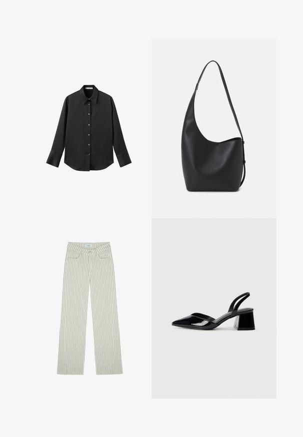 Cămașă neagră cu mâneci lungi dintr-un material neted, având un guler clasic, închidere frontală cu butoane aurii și manșete late.; Pantaloni evazați de culoare crem deschis, cu dungi verticale întunecate. Au cinci buzunare și închidere cu nasture. Textură netedă, design casual.; Pantofi cu toc slingback din piele lacuită neagră, cu vârf ascuțit și toc geometric. Prezintă un design elegant, minimalist și o textură netedă.; Geantă hobo din piele neagră, cu o textură netedă, formă curbată și un singur bretele ajustabil; are o deschidere largă în partea de sus.