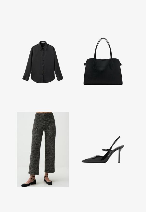 Schwarz langärmliges Hemd aus glattem Stoff, mit klassischem Kragen, frontaler Knopfleiste mit goldfarbenen Knöpfen und breiten Manschetten.; Weite, gestrickte Hosen mit einem schwarz-weißen Muster. Mit hoher Taille und geripptem Material. Kombiniert mit schwarzen flachen Schuhen.; Schwarze Lackleder Slingback-High Heels mit spitzem Zeh, verstellbarem Riemen und Stiletto-Absatz. Glatte Oberfläche mit glänzendem Finish.; Schwarze Lederhandtasche mit zwei Schulterriemen, rechteckiger Form und minimalistischem Design auf weißem Hintergrund.