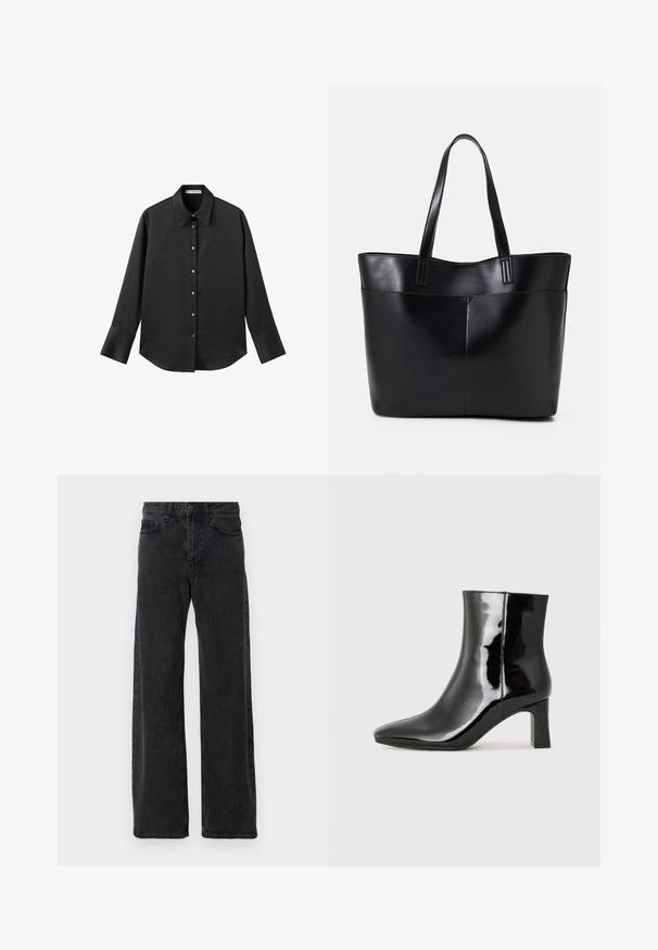Black long-sleeve shirt in smooth fabric, featuring a classic collar, front button closure with gold-tone buttons, and wide cuffs.; Black denim jeans with a wide-leg design, featuring a classic five-pocket style, button closure, and subtle fading.; Black patent leather ankle boot with a pointed toe and a mid-height block heel. Smooth texture and minimalist design.; Black leather tote bag with two long handles, a smooth texture, and a structured shape. Features a front pocket for additional storage.