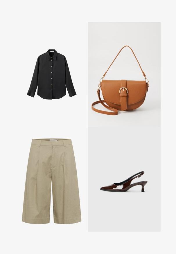 Črna majica z dolgimi rokavi iz gladkega materiala, z klasičnim ovratnikom, sprednjim zapiranjem na gumbe z zlatimi gumbi in širokimi manšetami.; Bež žakardne culottes hlače s širokimi hlačnicami, ki imajo sprednje gube in gladko teksturo. Pas je raven brez vidnih zapiranj.; Rjavi lakirani slingback čevelj z ostro konico in zmerno peto. Ima zaponko za varno prileganje. Gladka tekstura.; Rjava usnjena torbica prek telesa s ukrivljeno obliko, zlate opreme in sponko. Ima odstranljiv naramni trak.