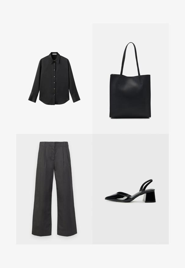 Black long-sleeve shirt in smooth fabric, featuring a classic collar, front button closure with gold-tone buttons, and wide cuffs.; Wide-leg trousers in black fabric, featuring a high waist, front creases, and subtle pockets. Smooth texture with a clean finish.; Black patent leather slingback heels with a pointed toe and a geometric block heel. Features a sleek, minimal design and smooth texture.; Black leather tote bag with smooth texture, rectangular shape, and two long handles. No visible hardware or embellishments.