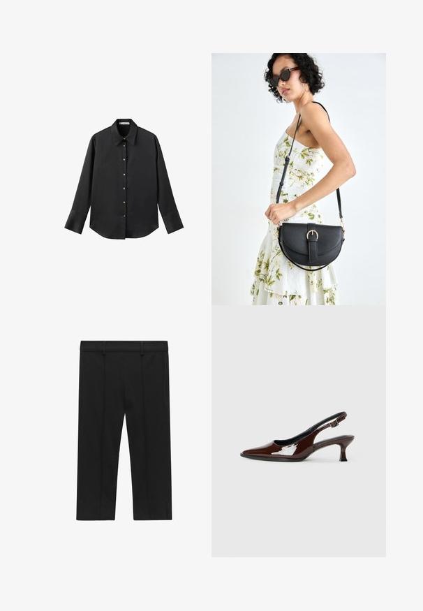 Zwarte lange mouwen shirt van gladde stof, met een klassieke kraag, een sluiting met knopen aan de voorkant met gouden knopen en brede manchetten.; STOCKH LM Studio KAYLA CAPRI - Shorts - black; Bruine gepatineerde leren slingback-schoen met een spitse neus en een gematigd hakje. Voorzien van een gespsluiting voor een veilige pasvorm. Glad van textuur.; Zwarte leren handtas met een gebogen vorm, afneembare schouderband en gouden hardware. De tas heeft een klep met een gespsluiting.