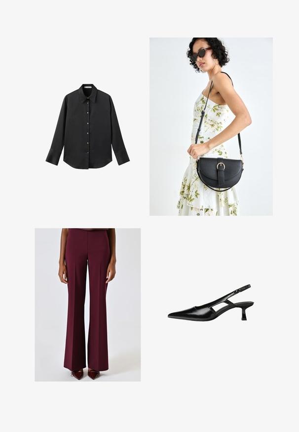 Zwarte lange mouwen shirt van gladde stof, met een klassieke kraag, een sluiting met knopen aan de voorkant met gouden knopen en brede manchetten.; Wijdvallende pantalon in donker bordeaux, gemaakt van een gladde stof. Heeft een hoge taille en een minimalistisch ontwerp. Gepaarde met puntige, donkerrode hakken.; Zwarte gepatineerde leren slingback hakken met een puntige neus, uitsparing aan de zijkant en een kleine vierkante hak. Gladde textuur met minimale accenten.; Zwarte leren handtas met een gebogen vorm, afneembare schouderband en gouden hardware. De tas heeft een klep met een gespsluiting.