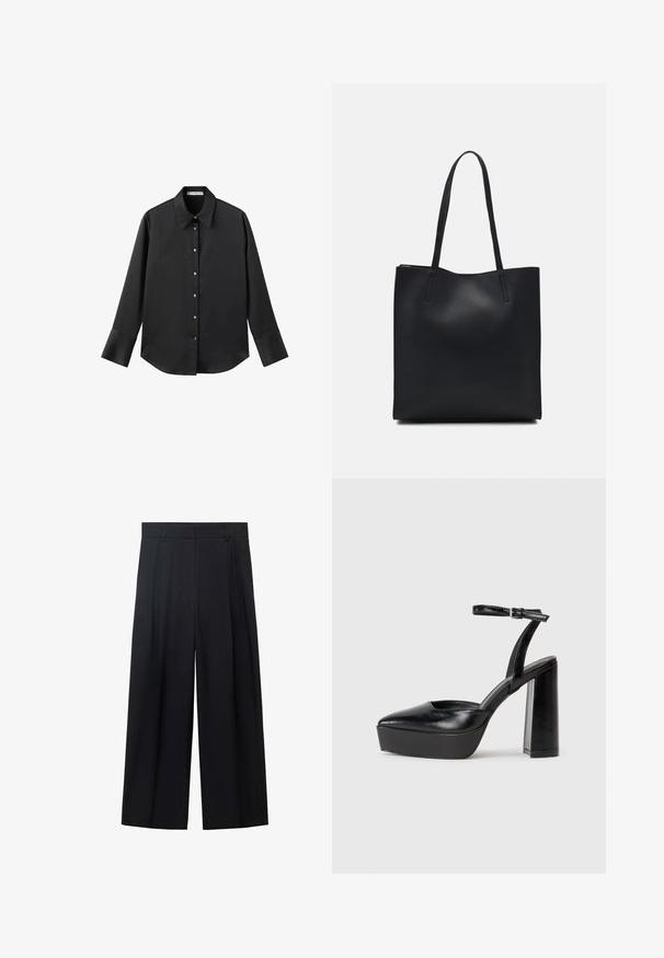 Black long-sleeve shirt in smooth fabric, featuring a classic collar, front button closure with gold-tone buttons, and wide cuffs.; Black high-waisted trousers made from a smooth fabric, featuring wide legs, two front pleats, and a clean, minimalist design.; Black platform heels with a pointed toe and adjustable ankle strap. Constructed from smooth leather, featuring a chunky block heel.; Black leather tote bag with smooth texture, rectangular shape, and two long handles. No visible hardware or embellishments.