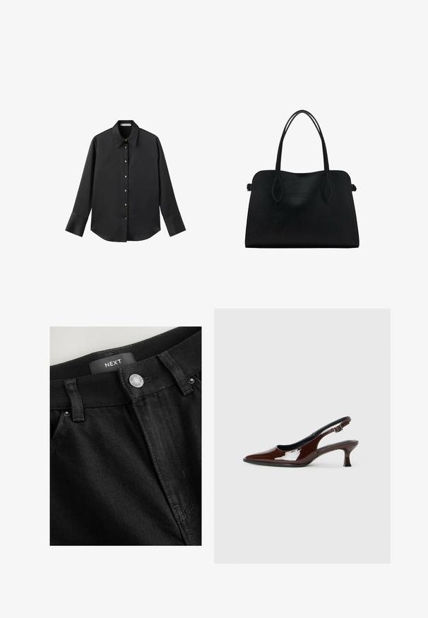 Schwarz langärmliges Hemd aus glattem Stoff, mit klassischem Kragen, frontaler Knopfleiste mit goldfarbenen Knöpfen und breiten Manschetten.; Schwarze Denim-Hosen mit Knopfverschluss, Gürtelschlaufen und passender Naht. Etikett "NEXT" an der Taille sichtbar. Die Textur wirkt robust.; Braune Lackleder-Slingback-Schuhe mit spitzer Zehe und moderatem Absatz. Mit einem Schnallenriemen für einen sicheren Sitz. Glatte Textur.; Schwarze Lederhandtasche mit zwei Schulterriemen, rechteckiger Form und minimalistischem Design auf weißem Hintergrund.