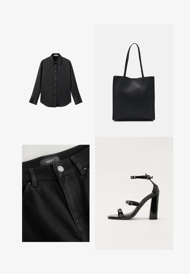 Svart långärmad skjorta i mjukt tyg, med klassisk krage, framknäppning med knappar i guldton och breda manschetter.; Svarta denimbyxor med knappstängning, bältesöglor och tonade sömmar. Etiketten "NEXT" synlig vid midjan. Texturen verkar robust.; Svarta lackerade klacksandaler med fyrkantig tå, ankelremmar och silverfärgade spännen. Har en kraftig blockklack för stabilitet.; Svart lädertoffelväska med slät textur, rektangulär form och två långa handtag. Ingen synlig hårdvara eller dekorationer.