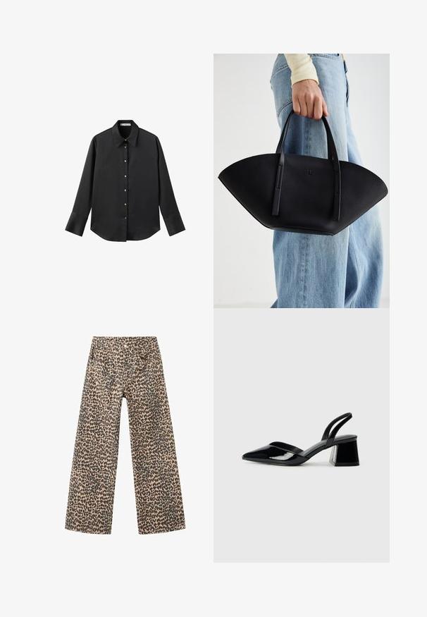 Cămașă neagră cu mâneci lungi dintr-un material neted, având un guler clasic, închidere frontală cu butoane aurii și manșete late.; Pantaloni evazați din denim, dintr-un material bej cu un model de leopard negru; dispune de cinci buzunare și închidere frontală cu nasture.; Pantofi cu toc slingback din piele lacuită neagră, cu vârf ascuțit și toc geometric. Prezintă un design elegant, minimalist și o textură netedă.; Geantă de piele neagră cu o formă unică de evantai, având mânere plate. Suprafața are o textură cu mici granule și un design minimalist.
