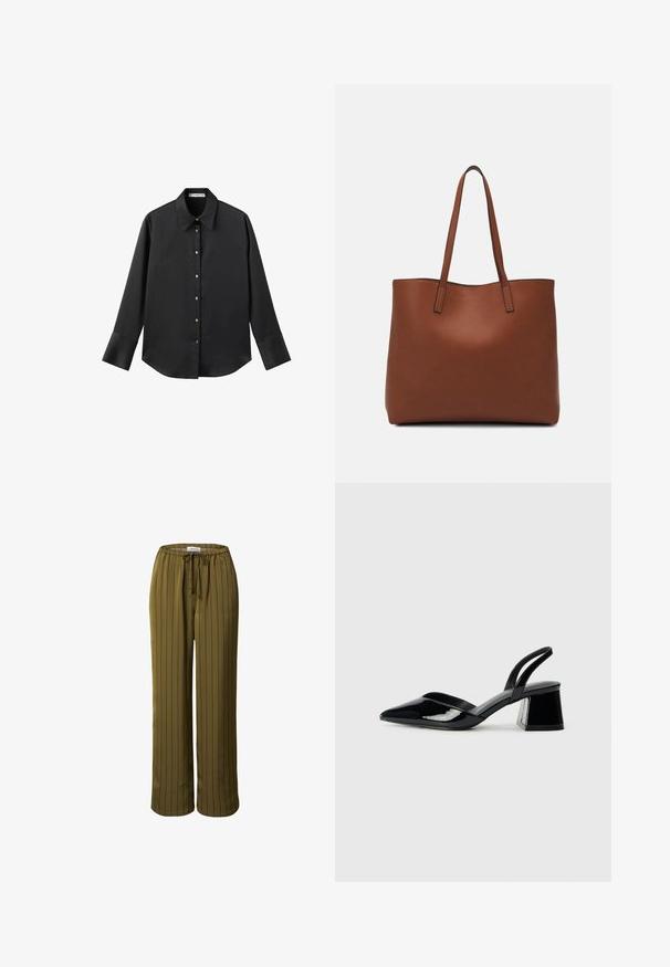 Zwarte lange mouwen shirt van gladde stof, met een klassieke kraag, een sluiting met knopen aan de voorkant met gouden knopen en brede manchetten.; Olijfgroene wijde broek met verticale zwarte strepen, gemaakt van soepele stof, met een elastische tailleband en verstelbaar trekkoord.; Zwarte gepatineerde leren slingback hakken met een spitse neus en een geometrische blokhak. Kenmerkt zich door een slank, minimalistisch ontwerp en een gladde textuur.; Bruine leren tote bag met een gladde textuur, een ontwerp met een open bovenkant en twee schouderbanden. Kenmerkt zich door minimale stiksels en geen zichtbare hardware.