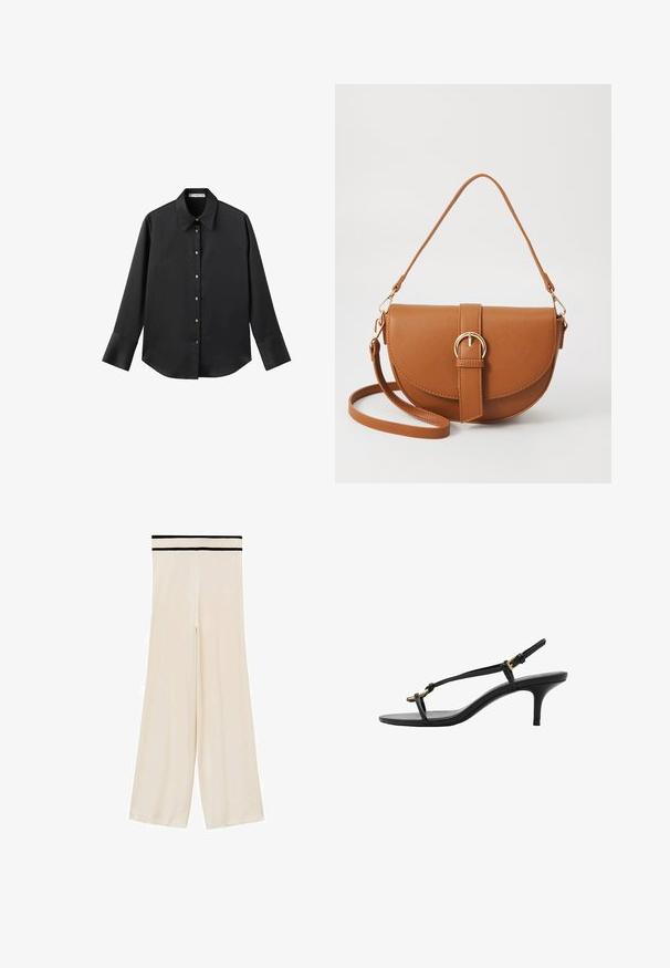 Zwarte lange mouwen shirt van gladde stof, met een klassieke kraag, een sluiting met knopen aan de voorkant met gouden knopen en brede manchetten.; Mango Broek - off-white; Zwarte leren kitten heel sandaal met dunne banden, gouden gesp en minimalistische teenlus op een witte achtergrond.; Bruine leren schoudertas met een gebogen vorm, gouden hardware en een gespaccent. Bevat een afneembare schouderriem.
