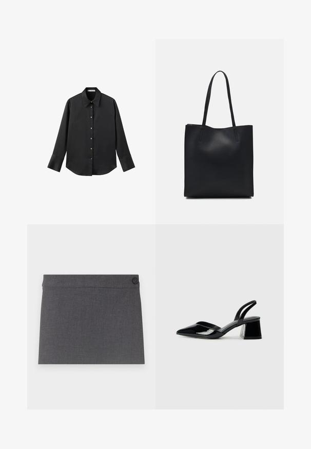 Black long-sleeve shirt in smooth fabric, featuring a classic collar, front button closure with gold-tone buttons, and wide cuffs.; Gray fabric skirt featuring a smooth texture, straight design, and a single black button on the waistband, with a clean and simple aesthetic.; Black patent leather slingback heels with a pointed toe and a geometric block heel. Features a sleek, minimal design and smooth texture.; Black leather tote bag with smooth texture, rectangular shape, and two long handles. No visible hardware or embellishments.