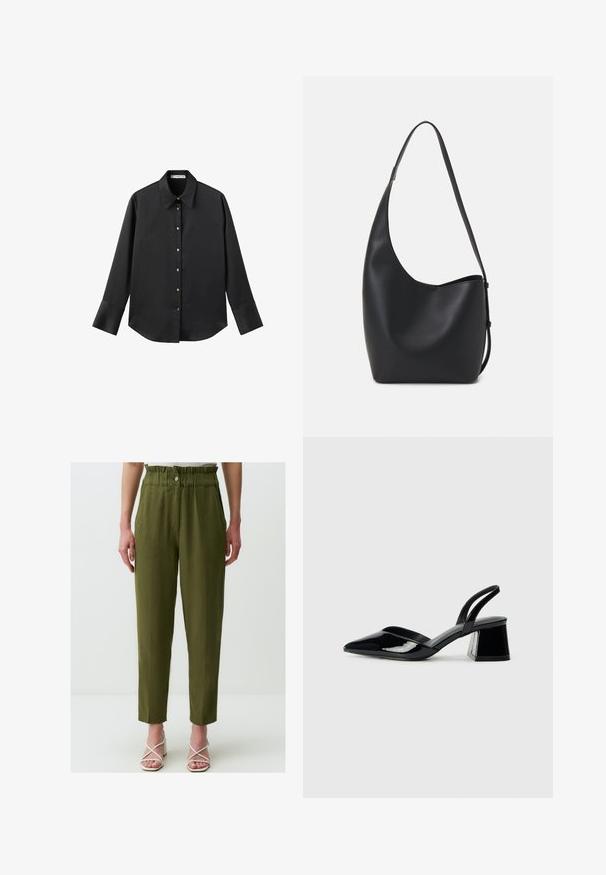 Zwarte lange mouwen shirt van gladde stof, met een klassieke kraag, een sluiting met knopen aan de voorkant met gouden knopen en brede manchetten.; Olijfgroene, hoge taillebroeken met een relaxte pasvorm, voorzien van een geraffineerde tailleband, zijzakken en een zachte textuur.; Zwarte gepatineerde leren slingback hakken met een spitse neus en een geometrische blokhak. Kenmerkt zich door een slank, minimalistisch ontwerp en een gladde textuur.; Zwarte leren hobo tas met een gladde textuur, kromme vorm en een enkele verstelbare schouderband; heeft een brede opening aan de bovenkant.