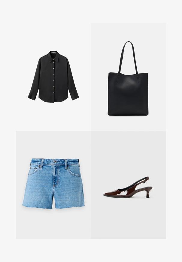 Crna košulja dugih rukava od glatkog materijala, s klasičnim ovratnikom, prednjim kopčanjem na dugmad u boji zlatne i širokim manžetnama.; Džins šorts u svijetlop plavoj boji, s rubom u sirovom izdanju, dizajnom s pet džepova i brass dugmetom za zatvaranje. Glatka tekstura s laganim izbljeđivanjem.; Smeđe patentne kožne cipele s otvorenom petom, špicastim vrhom i umjerenom petom. Imaju remen s kopčom za sigurno pristajanje. Glatka tekstura.; Crna kožna torba za nošenje s glatkom teksturom, pravokutnim oblikom i dvije duge ručke. Nema vidljivih metalnih dijelova ili ukrasa.