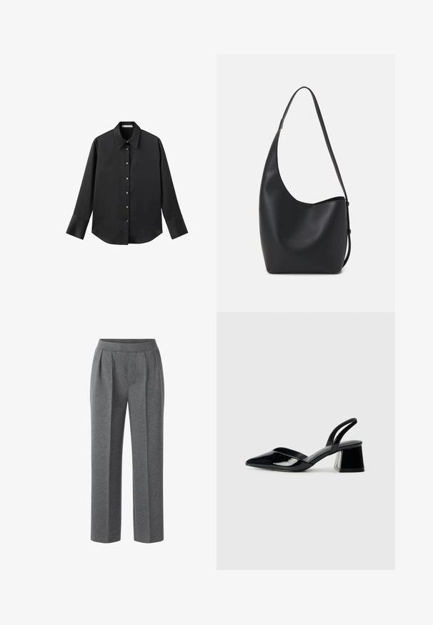 Black long-sleeve shirt in smooth fabric, featuring a classic collar, front button closure with gold-tone buttons, and wide cuffs.; Gray pleated trousers made of soft fabric. Features a flat front and wide legs, providing a relaxed fit. No visible hardware or accents.; Black patent leather slingback heels with a pointed toe and a geometric block heel. Features a sleek, minimal design and smooth texture.; Black leather hobo bag with a smooth texture, curved shape, and single adjustable strap; features a wide opening at the top.