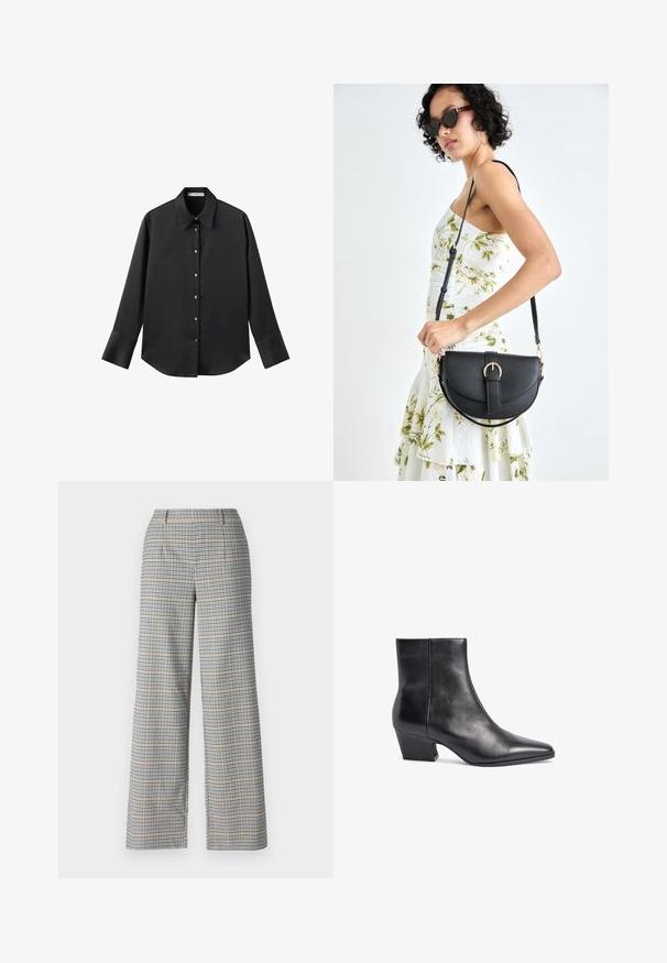 Chemise noire à manches longues en tissu lisse, dotée d'un col classique, d'une fermeture à boutons sur le devant avec des boutons dorés, et de larges poignets.; Pantalons à jambes larges dans un motif à carreaux beige, marine et noir. Présente deux poches avant et un tissu lisse et structuré.; Bottine en cuir noir avec un bout pointu, un talon moyen et une texture lisse. Elle présente un design minimaliste sans quincaillerie visible.; Sac à main en cuir noir avec une forme courbée, bandoulière amovible et des accessoires en or. Le sac est doté d'un rabat avec un détail de boucle.