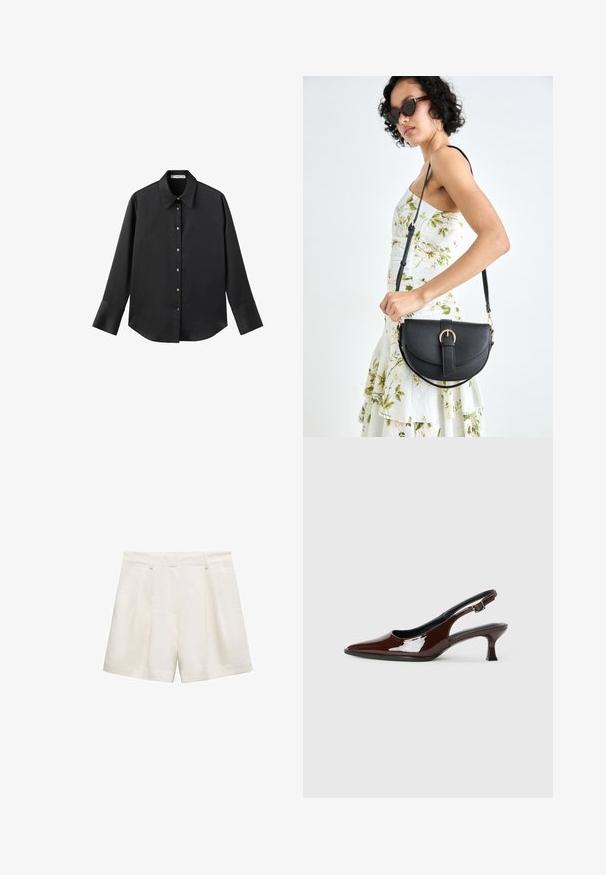 Cămașă neagră cu mâneci lungi dintr-un material neted, având un guler clasic, închidere frontală cu butoane aurii și manșete late.; Şorturi albe dintr-un material neted, cu un design plisat, buzunare laterale și un tiv care se termină chiar deasupra genunchiului.; Pantofii slingback din piele patent maro, cu vârful ascuțit și un toc moderat. Prezintă o curea cu prindere pentru o potrivire sigură. Textură netedă.; Geantă din piele neagră, cu o formă curbată, curea detașabilă și accesorii aurii. Geanta are un capac cu un detaliu tip cataramă.