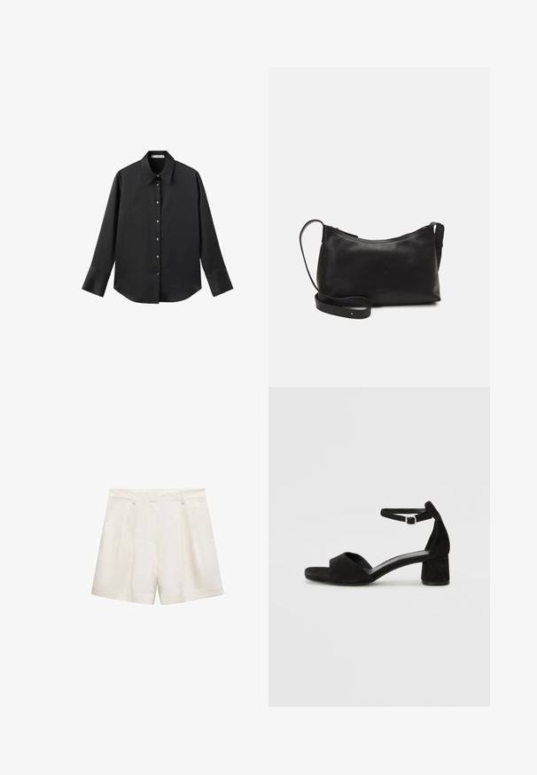 Čierna dlhá rukávová košeľa z hladkého materiálu, s klasickým golierom, predným zapínaním na gombíky so zlatými gombíkmi a širokými manžetami.; Biele kraťasy vyrobené z hladkej tkaniny, s plisovaným dizajnom, bočnými vreckami a lemom, ktorý končí tesne nad kolenom.; Čierne semišové sandále na podpätku s tenkým popruhom okolo členku, otvorenou špičkou a skromným blokovým podpätkom. Hladká textúra a minimálne akcenty.; Čierna kožená ramenná taška s hladkou textúrou, zakriveným tvarom, nastaviteľným popruhom a zipsom. Minimalistický dizajn bez ozdôb.