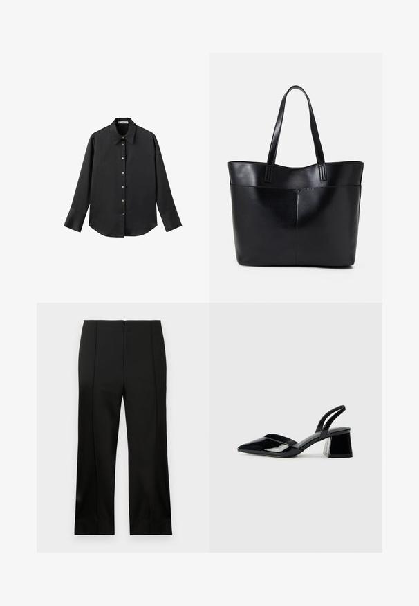 Čierna dlhá rukávová košeľa z hladkého materiálu, s klasickým golierom, predným zapínaním na gombíky so zlatými gombíkmi a širokými manžetami.; Čierne krátke elegantné nohavice so rovnými nohami, hladkou tkaninou, stredným predným záhybom a diskrétnym zipsom na chrbte.; Čierne lakované kožené sandálové podpätky s špicatou špičkou a geometrickým blokovým podpätkom. Disponujú elegantným, minimalistickým dizajnom a hladkým povrchom.; Čierna kožená tote taška s dvoma dlhými rúčkami, hladkým povrchom a štruktúrovaným tvarom. Obsahuje prednú kapsu pre dodatočné uskladnenie.
