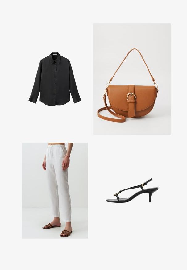 Schwarz langärmliges Hemd aus glattem Stoff, mit klassischem Kragen, frontaler Knopfleiste mit goldfarbenen Knöpfen und breiten Manschetten.; Weiße Leinenhose mit elastischem Bund, ausgestattet mit Taschen und einem lockeren Sitz. Kombiniert mit braunen Riemchensandalen. Glatte Textur.; Schwarze Leder-Kitten-Heel-Sandale mit dünnen Riemen, goldener Schnalle und minimalistischer Zehen-Schlaufe vor einem weißen Hintergrund.; Braune Leder-Crossbody-Tasche mit geschwungener Form, goldfarbenen Beschlägen und einer Schnallenakzentuierung. Verfügt über einen abnehmbaren Schultergurt.