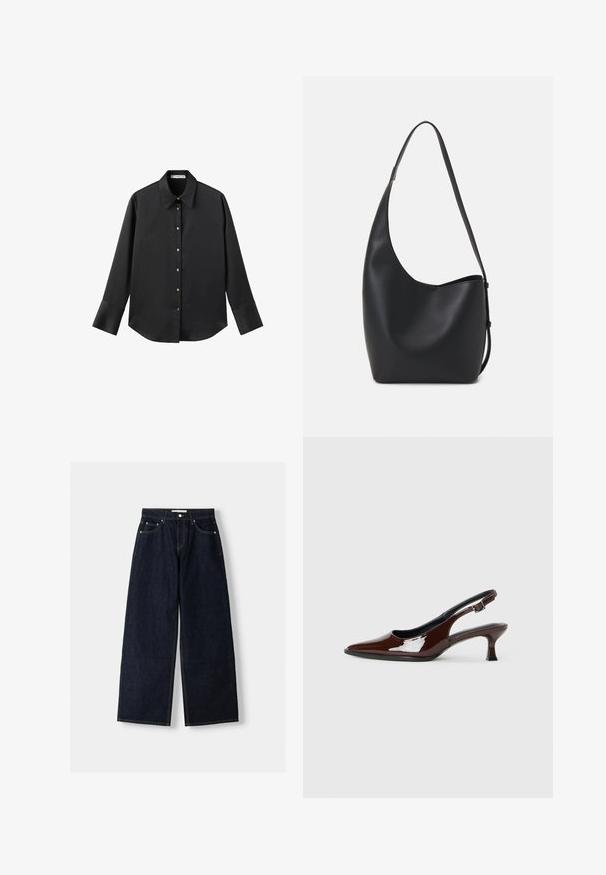 Svart långärmad skjorta i mjukt tyg, med klassisk krage, framknäppning med knappar i guldton och breda manschetter.; Mörkblå denim med vida ben och hög midja, fem fickor, kontrastsömmar och silverfärgad metalldetaljer. Slät textur och ren finish.; Brun lackläder slingback-sko med spetsig tå och en måttlig klack. Utrustad med en spännband för säker passform. Slät textur.; Svart läder hobo-väska med en slät textur, kurvig form och en justerbar axelrem; har en bred öppning upptill.