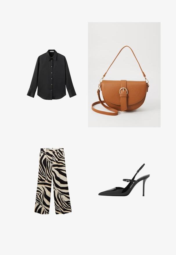 Czarna koszula z długim rękawem z gładkiego materiału, z klasycznym kołnierzykiem, zapięciem na guziki z przodu w złotym odcieniu oraz szerokimi mankietami.; Czarno-białe spodnie typu wide-leg w wzór zebry z plisami, o gładkiej teksturze i wysokim stanie dla komfortu.; Czarne lakierowane szpilki slingback z ostrym noskiem, regulowanym paskiem i obcasem w kształcie stiletto. Gładka powierzchnia o błyszczącym wykończeniu.; Brązowa skórzana torba na ramię o zaokrąglonym kształcie, ze złotymi akcentami i zapięciem w formie klamry. Posiada odpinany pasek na ramię.