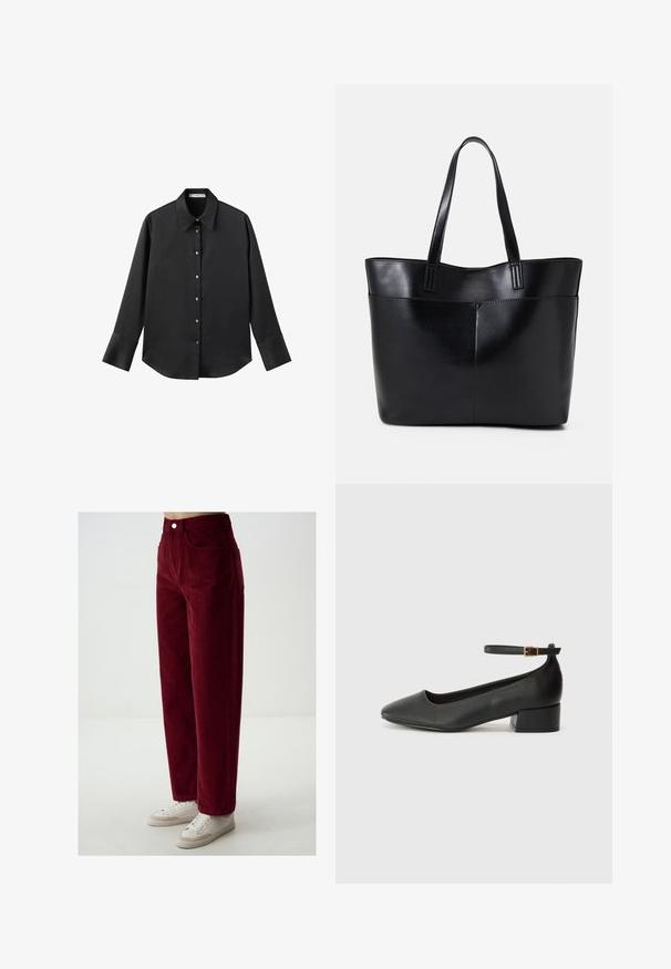 Zwarte lange mouwen shirt van gladde stof, met een klassieke kraag, een sluiting met knopen aan de voorkant met gouden knopen en brede manchetten.; Bordeaux corduroy pantalon met een recht model, voorzien van zijzakken en een knoopsluiting, gedragen met witte sneakers.; Zwarte leren pump met een spitse neus en een lage blokhak. Beschikt over een enkelband met een goudkleurige gespsluiting. Gladde textuur.; Zwarte leren tote bag met twee lange handvatten, een zachte textuur en een gestructureerde vorm. Voorzien van een voorvak voor extra opslagruimte.