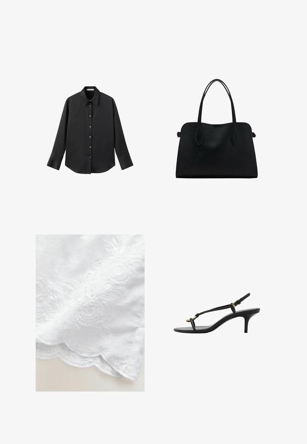 Schwarz langärmliges Hemd aus glattem Stoff, mit klassischem Kragen, frontaler Knopfleiste mit goldfarbenen Knöpfen und breiten Manschetten.; Weißer Stoff mit floralem Stickmuster, gefertigt mit gewellten Kanten. Die Textur ist glatt mit einem leichten Glanz. Filigrane Details im Design.; Schwarze Leder-Kitten-Heel-Sandale mit dünnen Riemen, goldener Schnalle und minimalistischer Zehen-Schlaufe vor einem weißen Hintergrund.; Schwarze Lederhandtasche mit zwei Schulterriemen, rechteckiger Form und minimalistischem Design auf weißem Hintergrund.