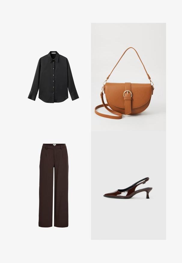 Svart långärmad skjorta i mjukt tyg, med klassisk krage, framknäppning med knappar i guldton och breda manschetter.; Object OBJLISA WIDE - Tygbyxor - java; Brun lackläder slingback-sko med spetsig tå och en måttlig klack. Utrustad med en spännband för säker passform. Slät textur.; Brun läder crossbody-väska med en böjd form, gyllene detaljer och en spänneaccent. Har en avtagbar axelrem.